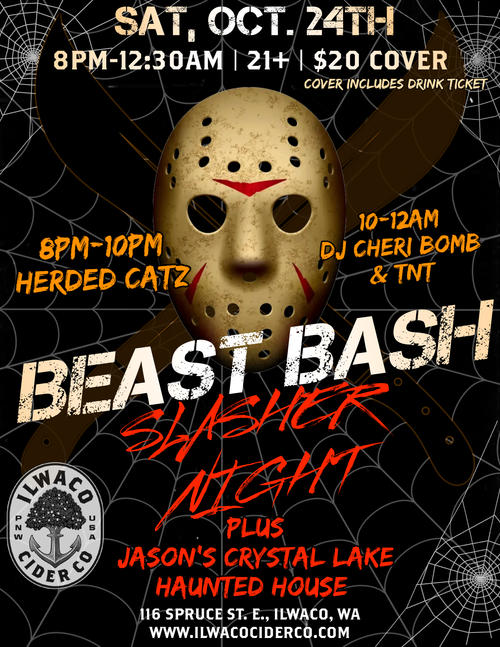 Beast Bash: Slasher Night flyer - Saturday, October 24th, 8pm-12:30am, 21+, $20 cover